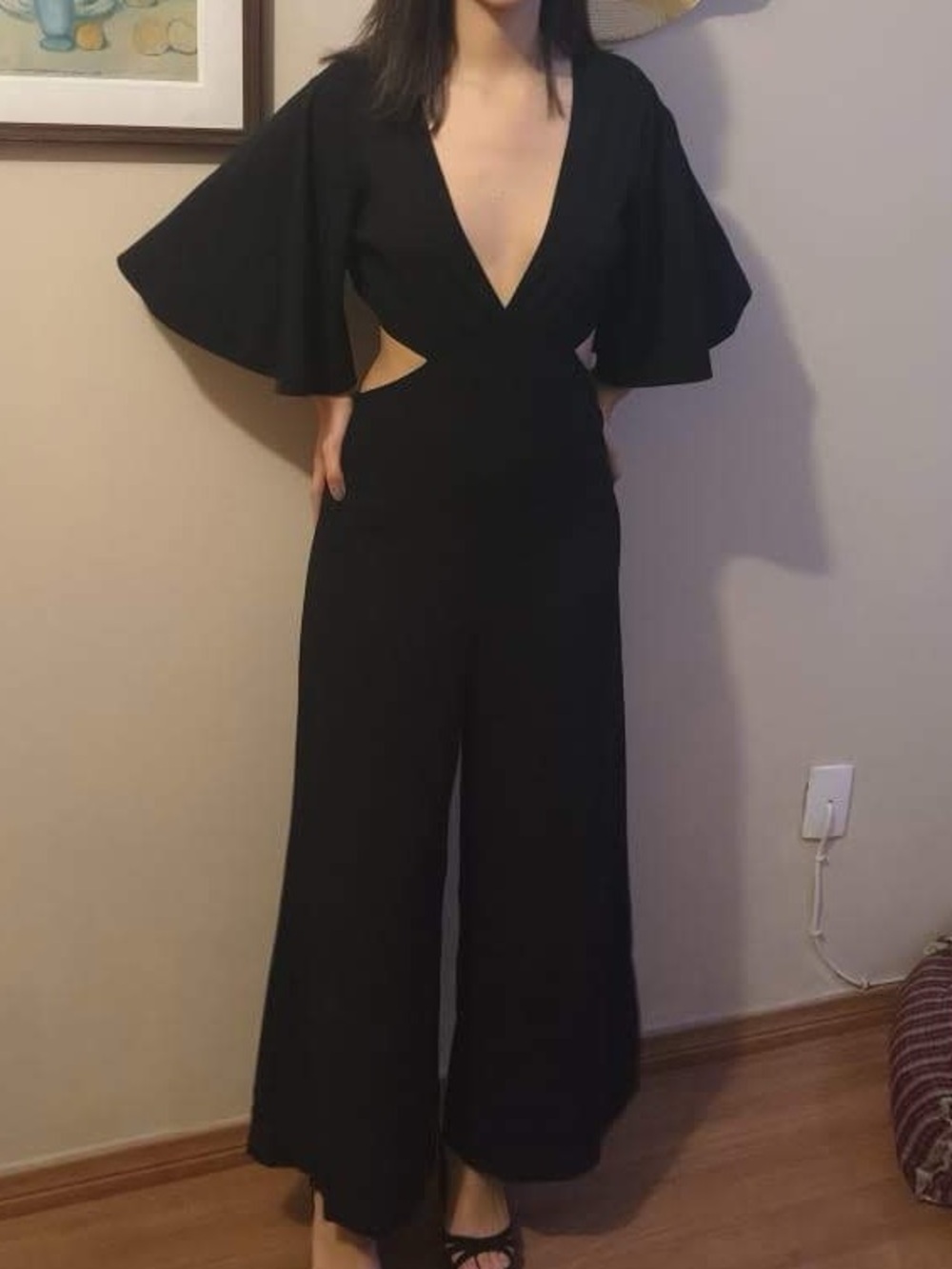 Black V-Neck Wide-Leg Cutout Jumpsuit